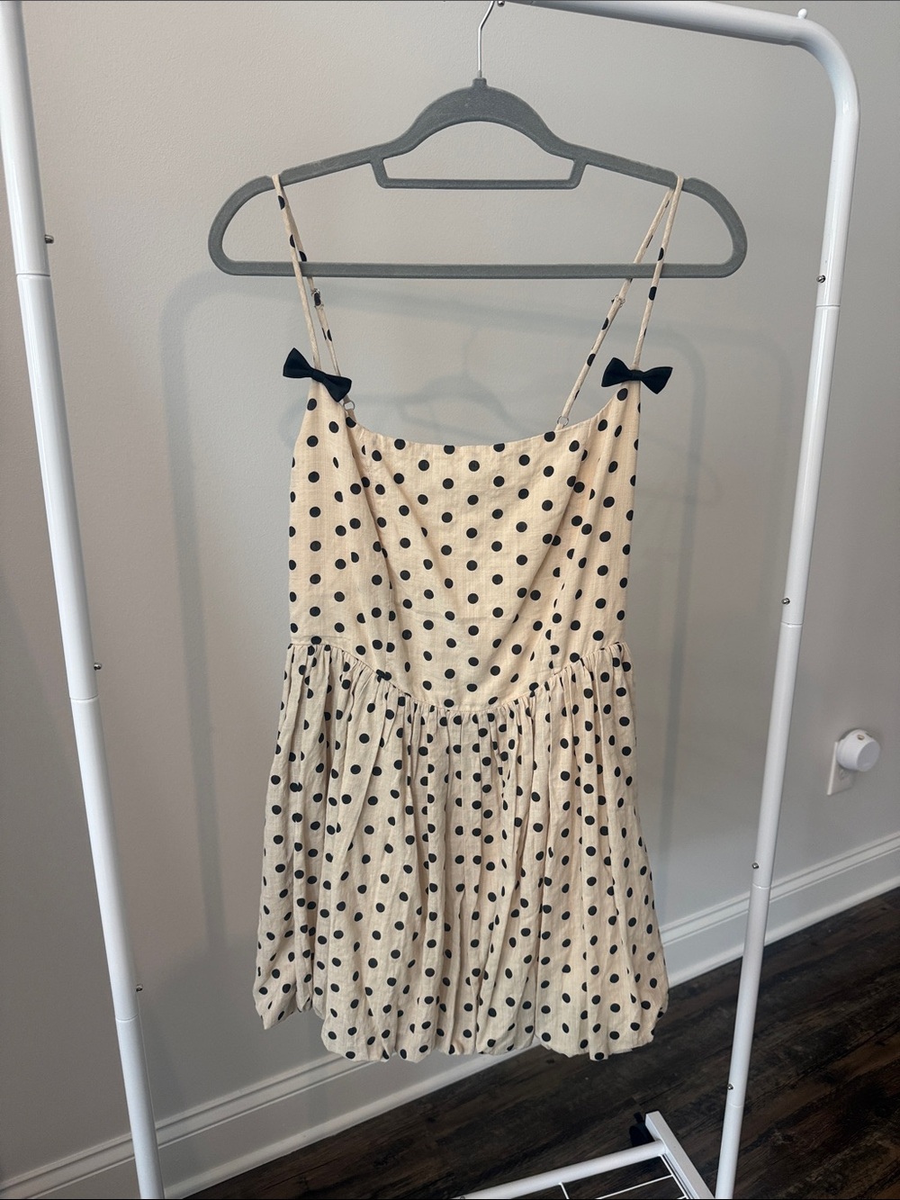Cream Polka Dot Mini Dress with Black Bow Straps